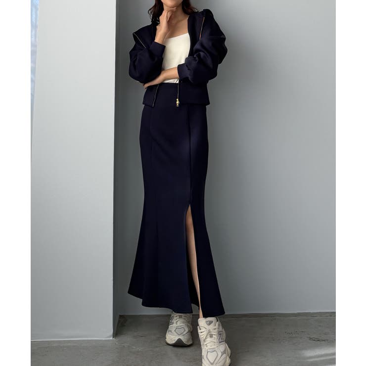 ネイビー | Louere ポンチショートパーカー+スリットマーメイドスカートSET | Louere