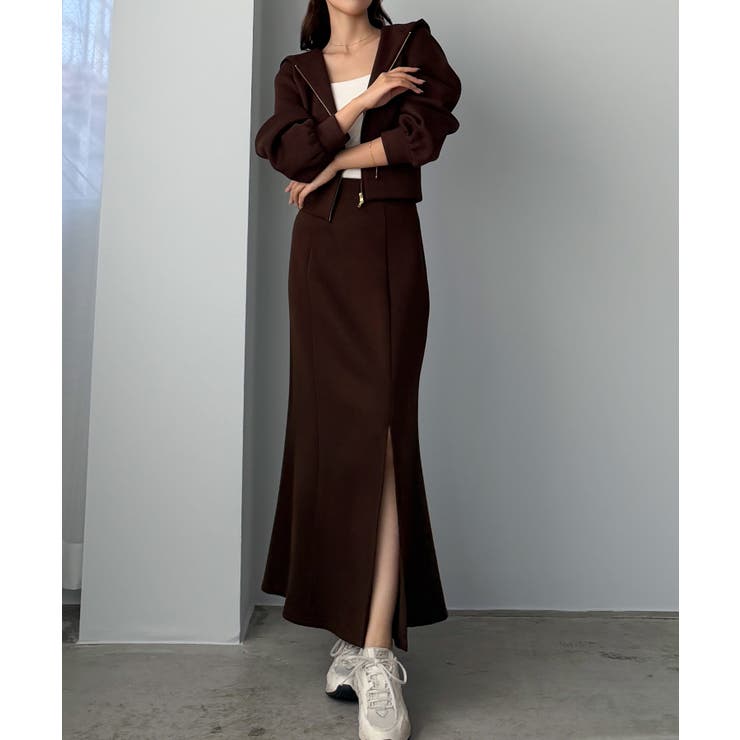 ブラウン | Louere ポンチショートパーカー+スリットマーメイドスカートSET | Louere