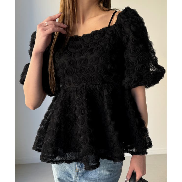 ブラック | Louere 2wayフラワーチュールペプラムトップス | Louere