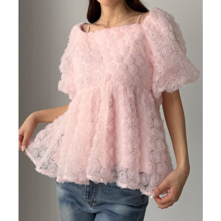 ピンク | Louere 2wayフラワーチュールペプラムトップス | Louere