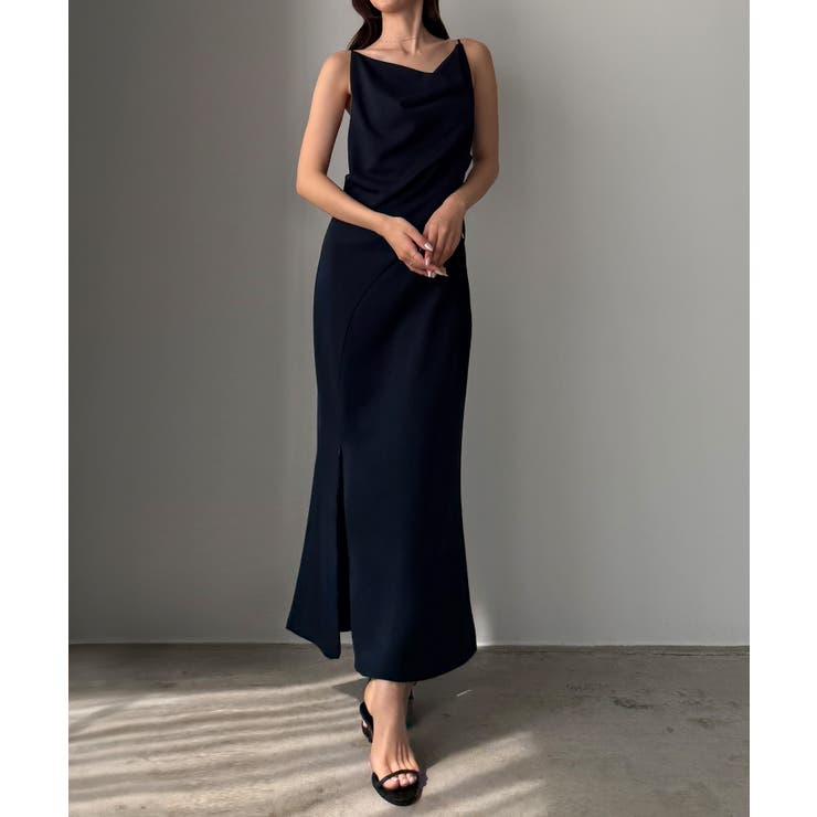 ネイビー | Louere ドレープ前ファスナースリットキャミワンピース【一部ぺチスカートセッ… | Louere