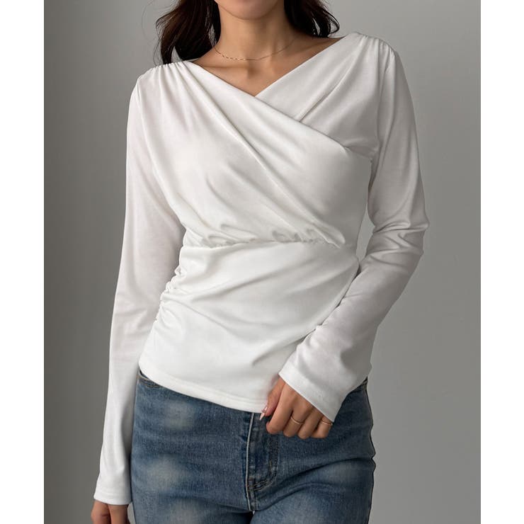 ホワイト | Louere 薄手カシュクールドレープカットソートップス | Louere