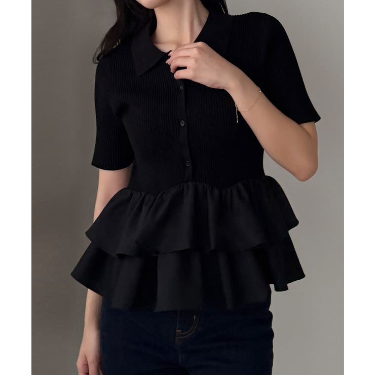 ブラック | Louere フリルドッキングニットトップス | Louere