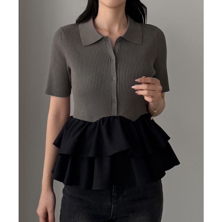 チャコール | Louere フリルドッキングニットトップス | Louere