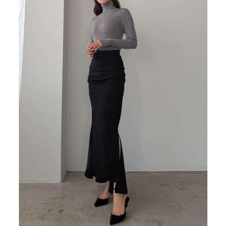 ブラック | Louere サイドギャザーマーメイドポンチスカート（裏無し） | Louere