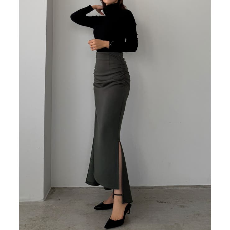 チャコール | Louere サイドギャザーマーメイドポンチスカート（裏無し） | Louere