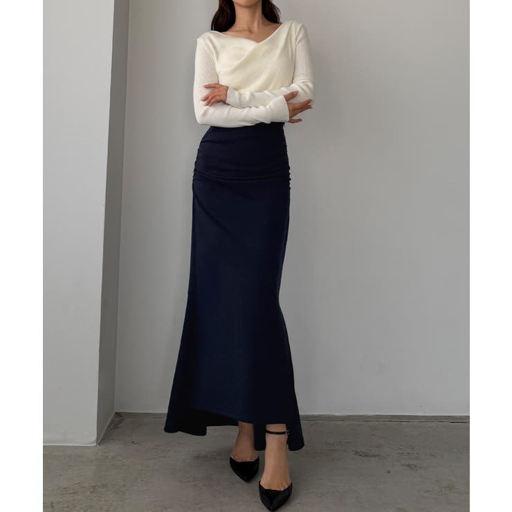 ネイビー | Louere サイドギャザーマーメイドポンチスカート（裏無し） | Louere