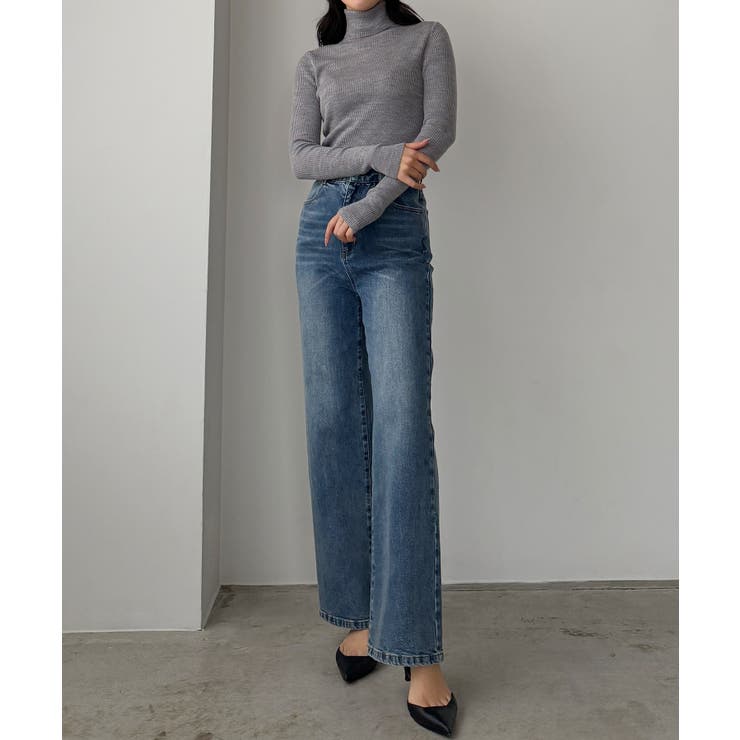 ライトブルー | Louere ストレッチハイウエストストレートデニムパンツ | Louere