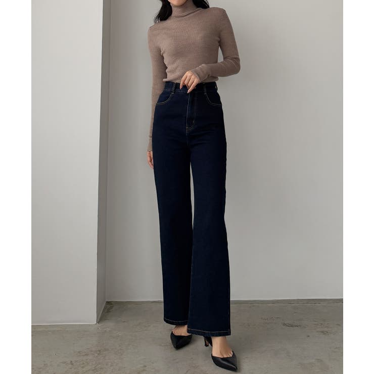 ワンウォッシュ | Louere ストレッチハイウエストストレートデニムパンツ | Louere