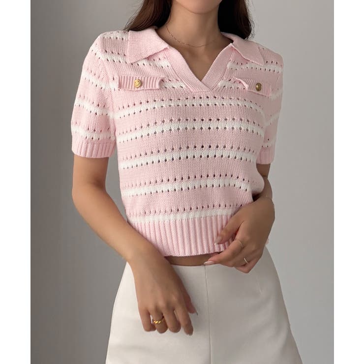 ピンク | Louere スキッパー透かしあみポロニット | Louere