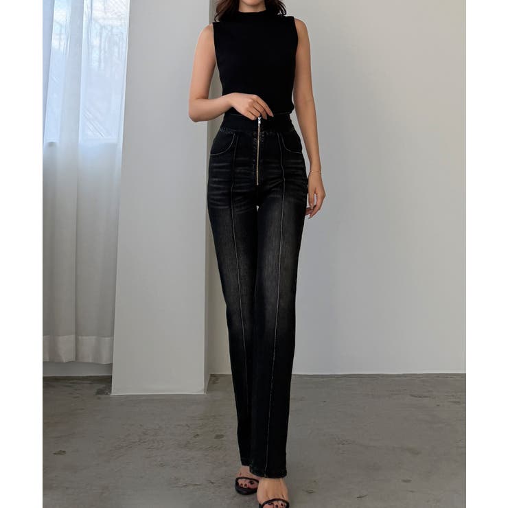 Louere ハイウエストファスナーデザインストレッチストレートデニムパンツ | Louere | 詳細画像10 
