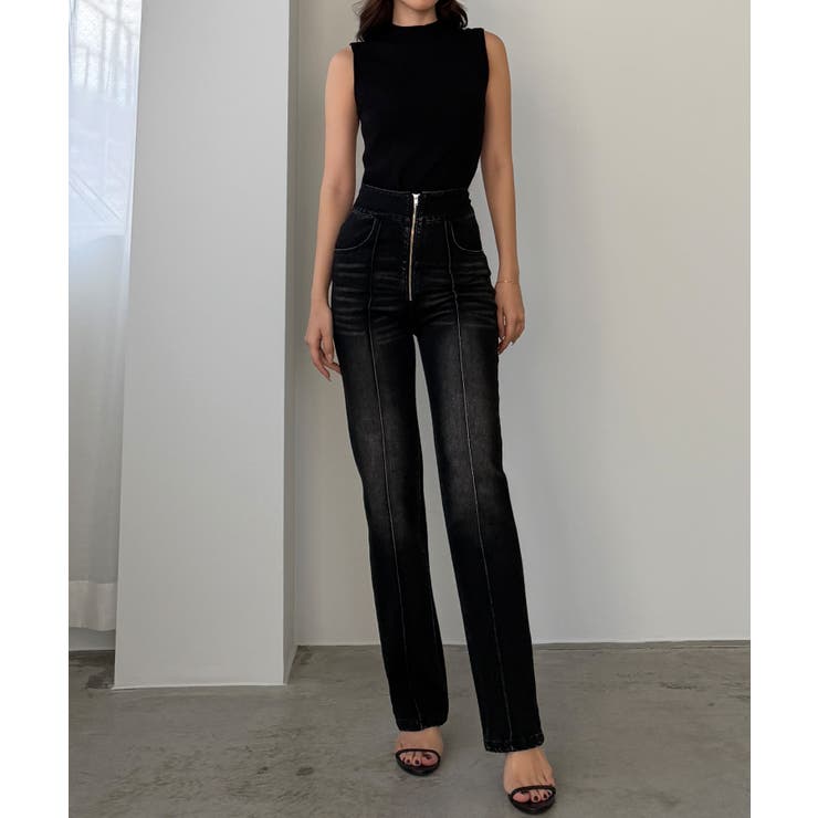Louere ハイウエストファスナーデザインストレッチストレートデニムパンツ | Louere | 詳細画像11 