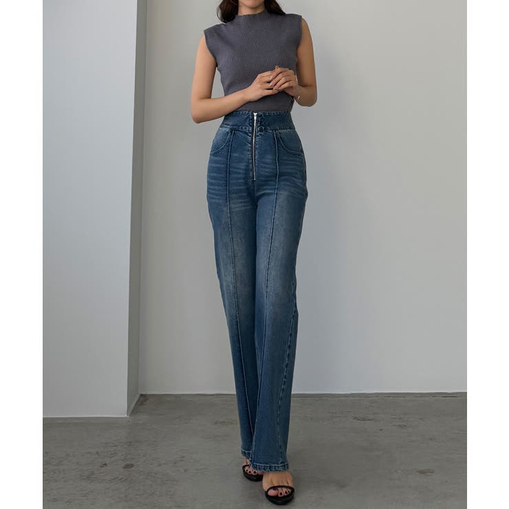ライトブルー | Louere ハイウエストファスナーデザインストレッチストレートデニムパンツ | Louere