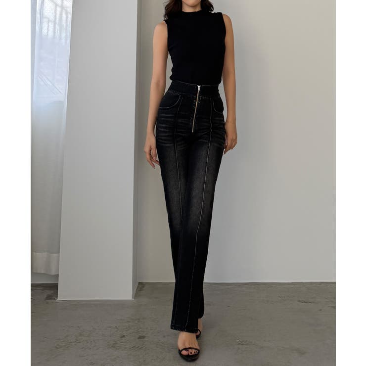ブラック | Louere ハイウエストファスナーデザインストレッチストレートデニムパンツ | Louere