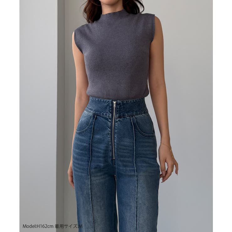 Louere ハイウエストファスナーデザインストレッチストレートデニムパンツ | Louere | 詳細画像2 
