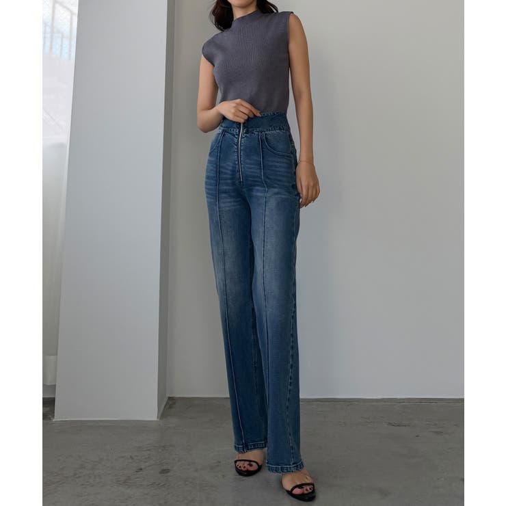 Louere ハイウエストファスナーデザインストレッチストレートデニムパンツ | Louere | 詳細画像4 