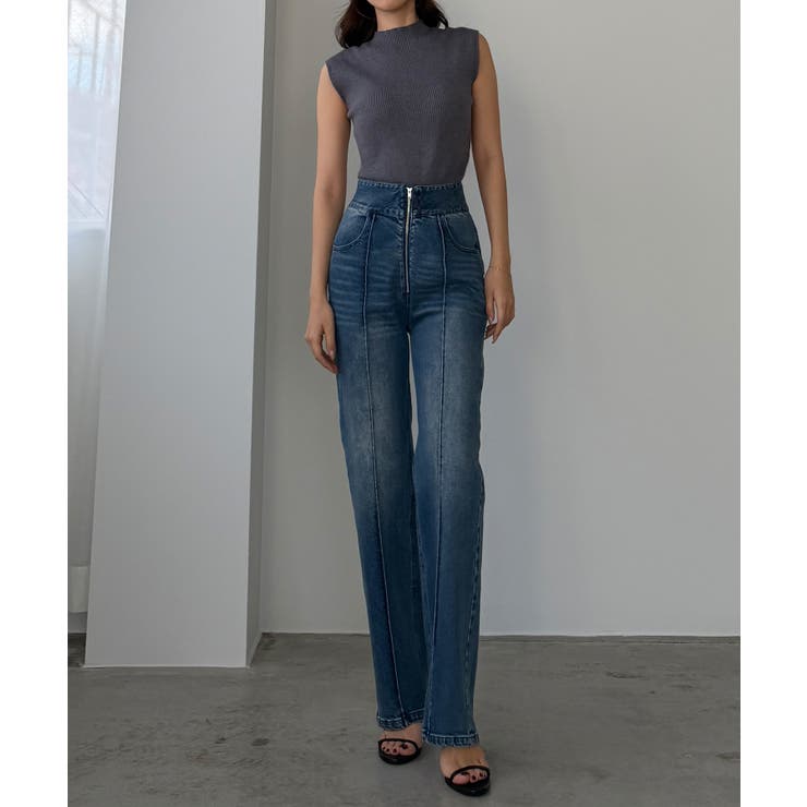 Louere ハイウエストファスナーデザインストレッチストレートデニムパンツ | Louere | 詳細画像5 
