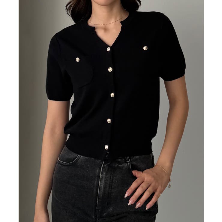ブラック | Louere キーネックゴールドボタン半袖ニットカーディガン | Louere