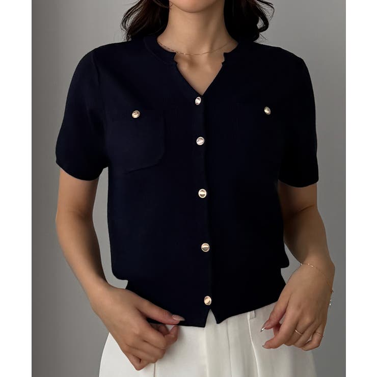 ネイビー | Louere キーネックゴールドボタン半袖ニットカーディガン | Louere