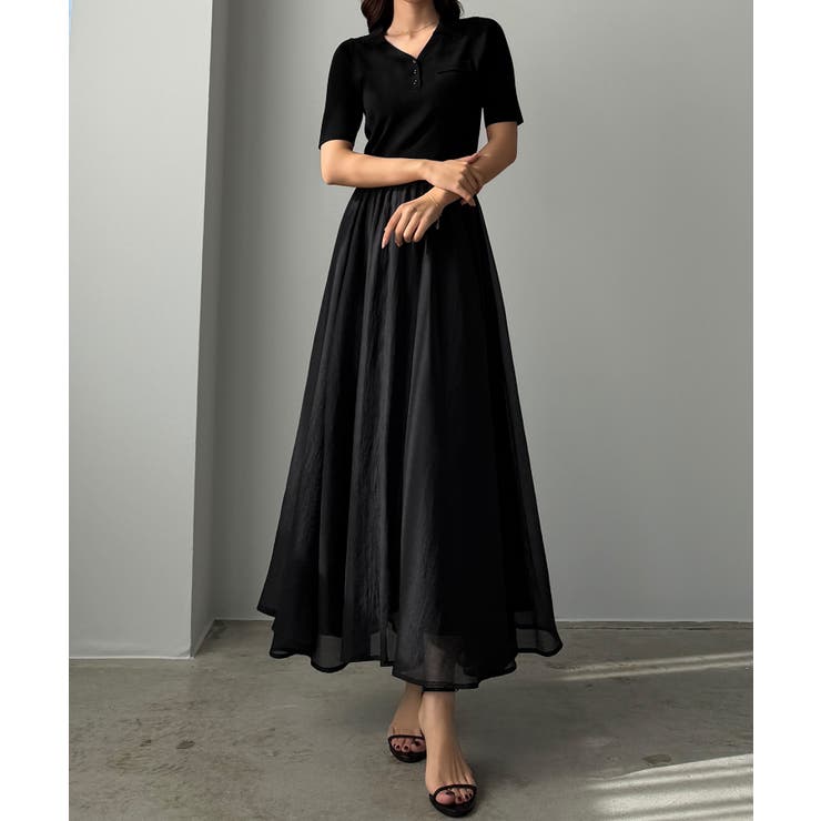 ブラック | Louere ポロニットドッキングシアーフレアワンピース | Louere