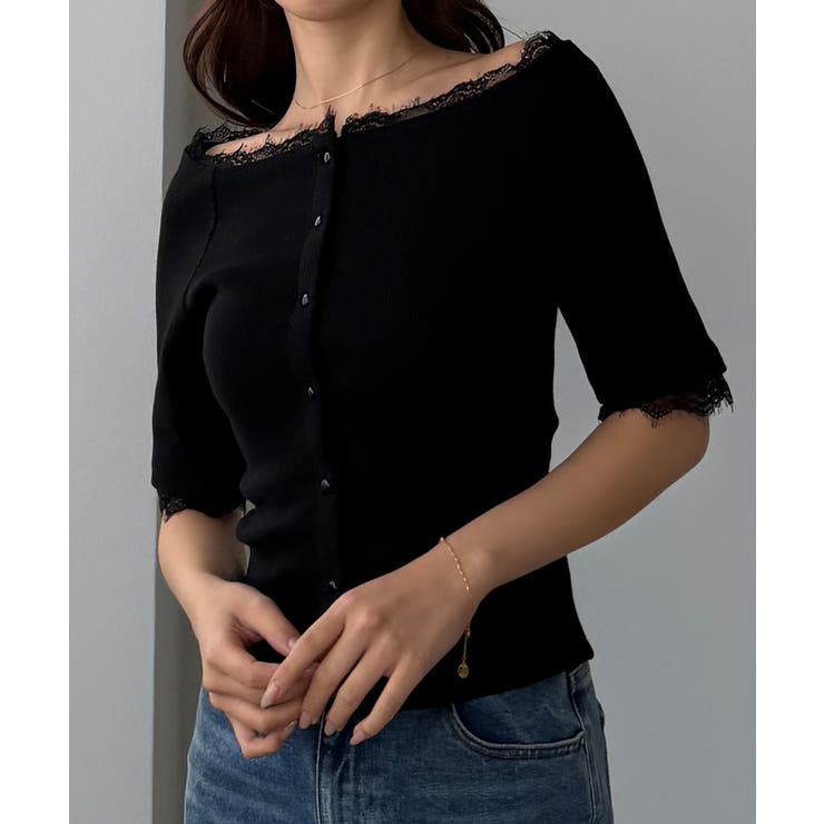 ネイビー | Louere オフショルレーストリムカットソートップス | Louere