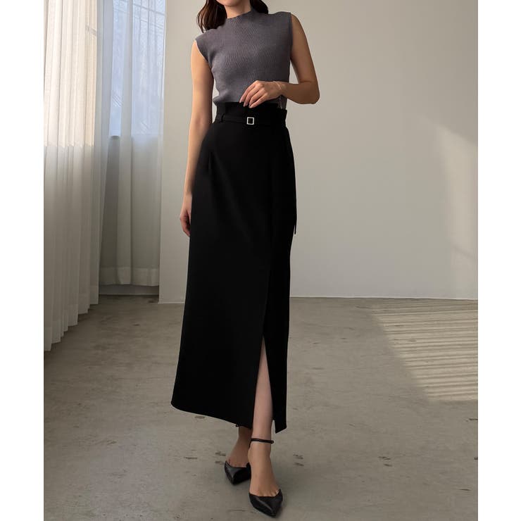 ブラック | Louere 細ベルト付き前スリットタイトスカート | Louere