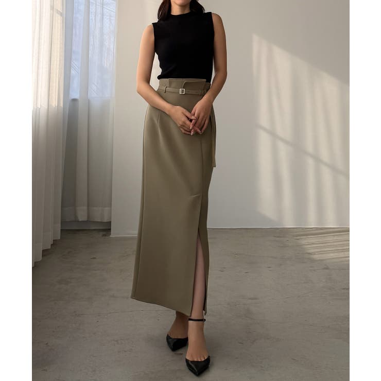 グレージュ | Louere 細ベルト付き前スリットタイトスカート | Louere