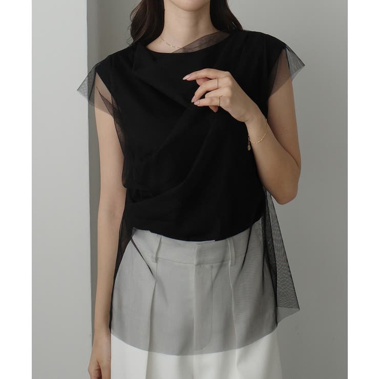 ブラック | Louere チュールドレープレイヤードトップス | Louere
