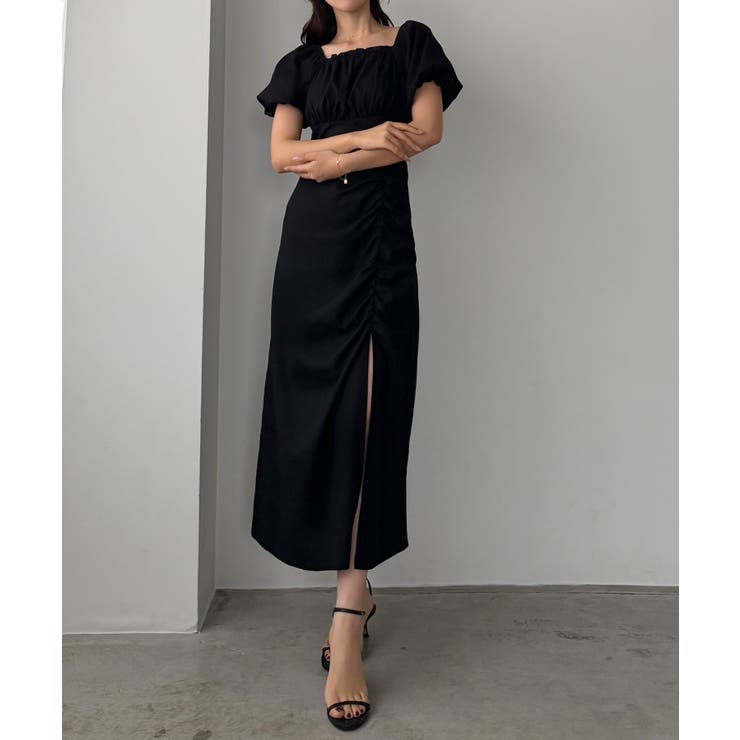 ブラック | Louere スリットパフスリーブワンピース | Louere