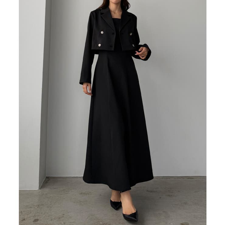 ブラック | Louere バックスリットショートジャケットsetキャミフレアワンピース | Louere