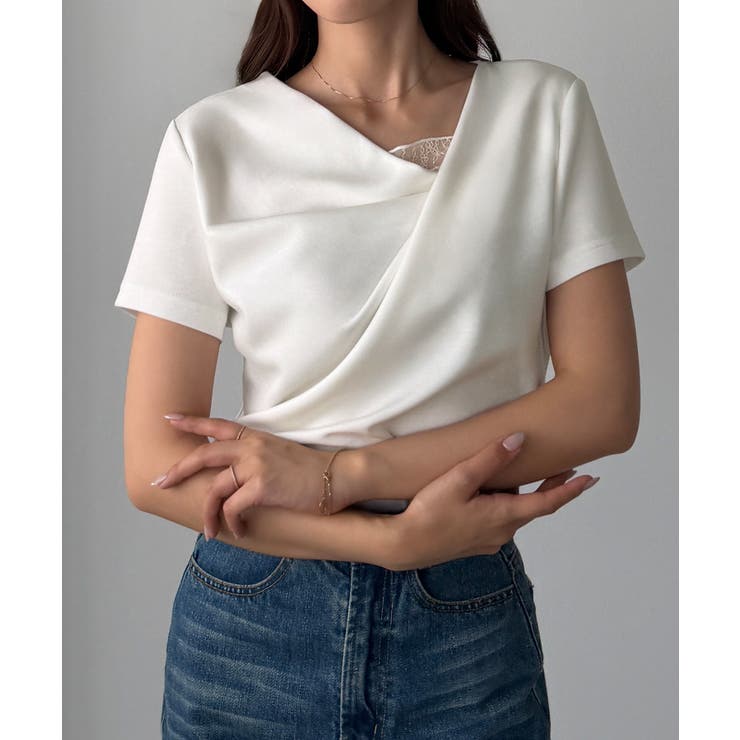 ホワイト | Louere レース付きドレープアシメネックカットトップス | Louere