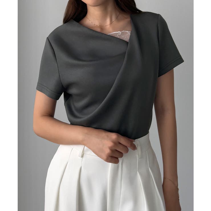 チャコール | Louere レース付きドレープアシメネックカットトップス | Louere