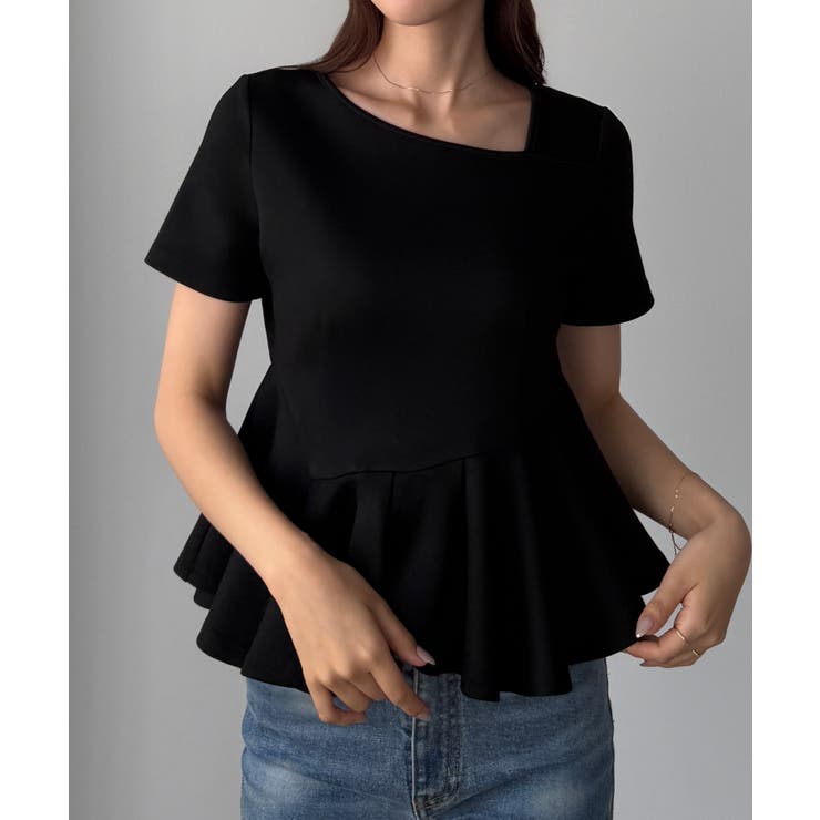 ブラック | Louere アシメネックペプラムトップス | Louere