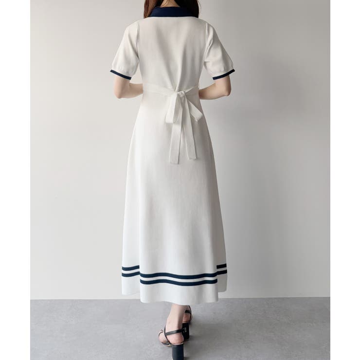 まゆお❤︎新品タグ付❤︎メゾピアノ❤︎９０❤︎みみぽぽウエディング❤︎半袖ワンピース mipiarl リボン付きポロニットセミフレアワンピース[品番