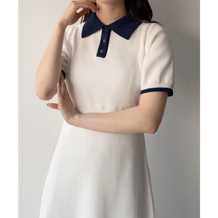 mipiarl リボン付きポロニットセミフレアワンピース[品番