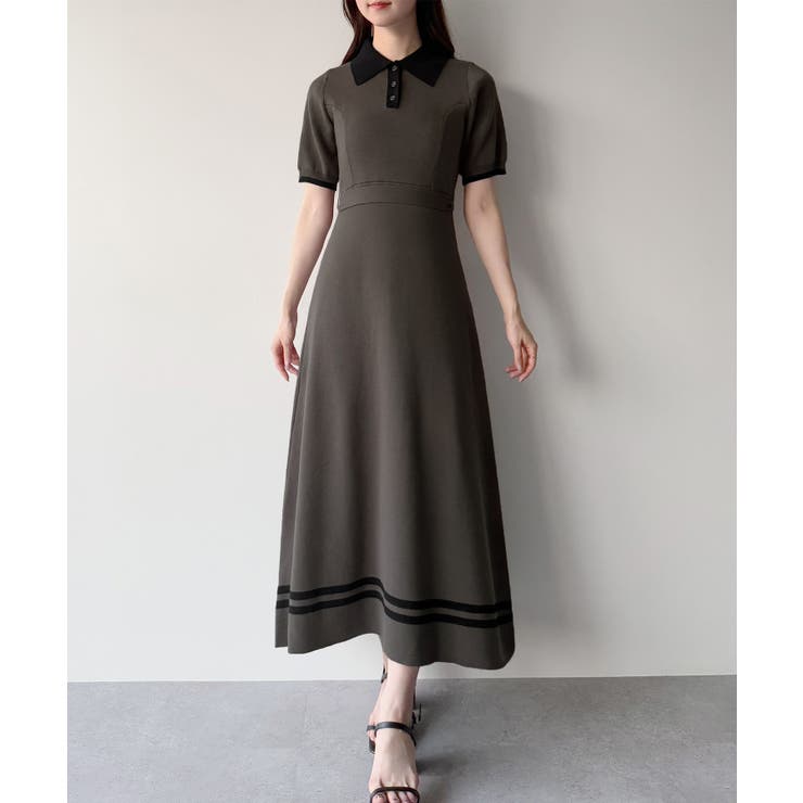 mipiarl リボン付きポロニットセミフレアワンピース[品番