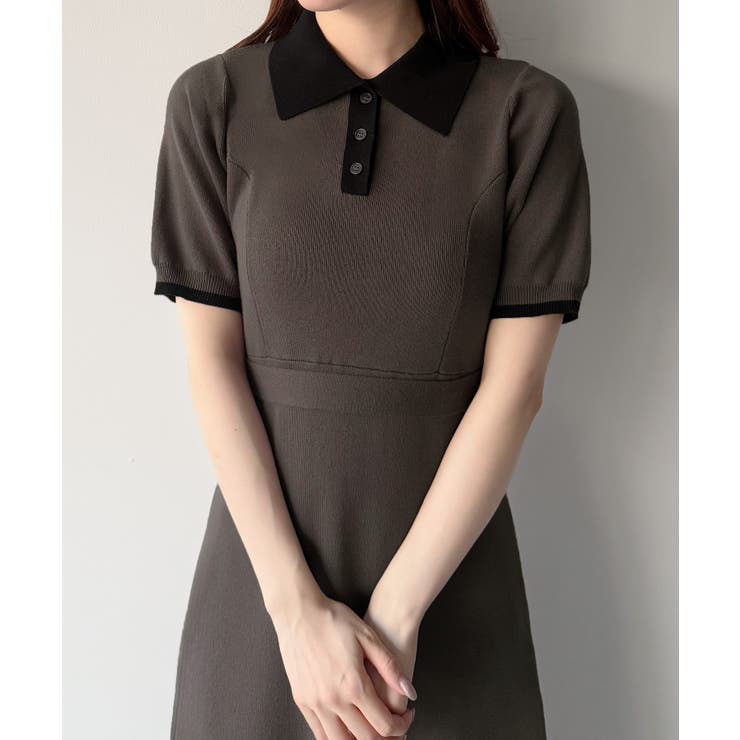 mipiarl リボン付きポロニットセミフレアワンピース | JUNOAH | 詳細画像3 