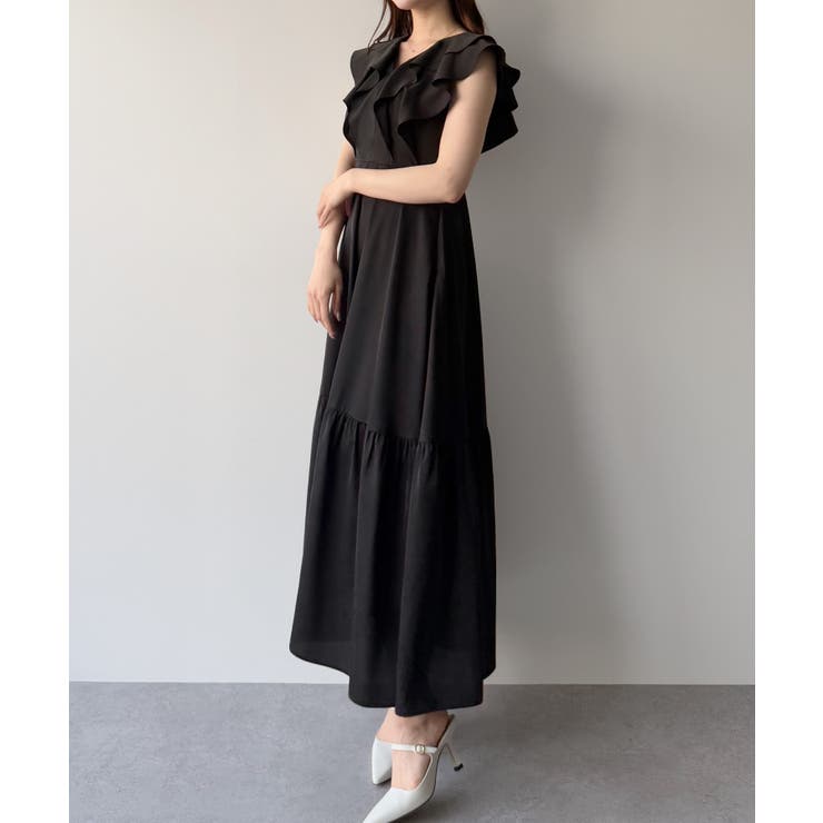 Drawer コットンフレアスリーブティアードワンピース　ネイビー38 mipiarl フリルスリーブティアードワンピース[品番：AMTW0012270