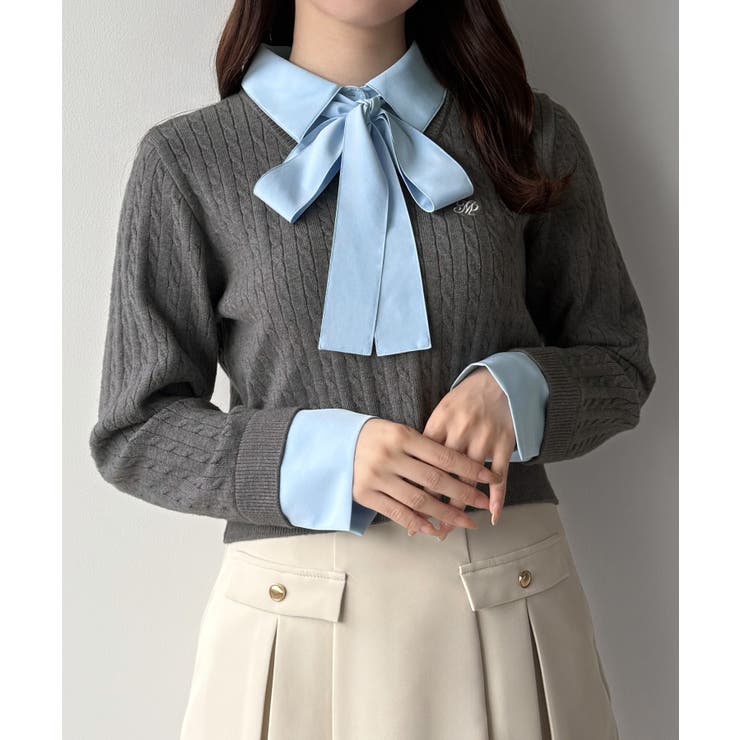 mipiarl  【リボン取り外し可能】シャツドッキングケーブルショートニット | JUNOAH | 詳細画像10 