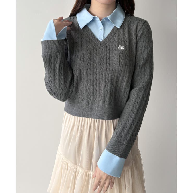 mipiarl  【リボン取り外し可能】シャツドッキングケーブルショートニット | JUNOAH | 詳細画像12 