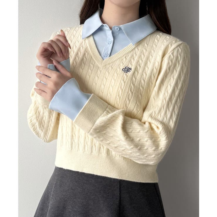 アイボリー | mipiarl  【リボン取り外し可能】シャツドッキングケーブルショートニット | JUNOAH