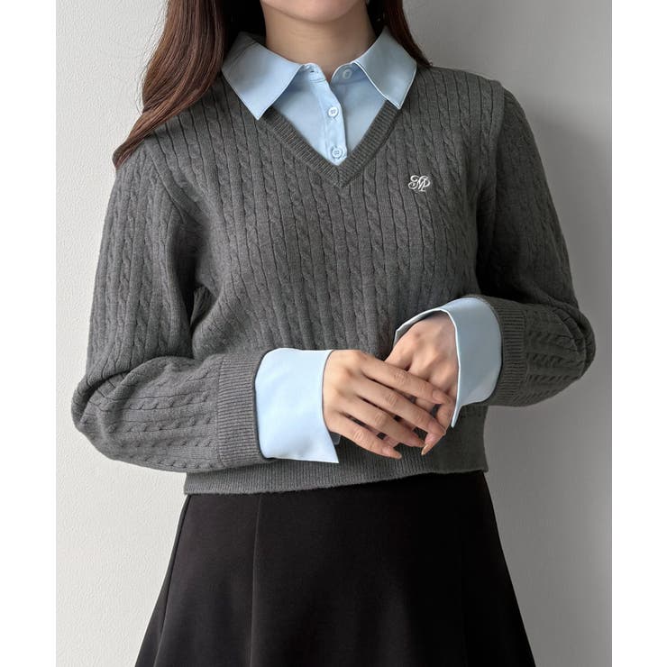 チャコール | mipiarl  【リボン取り外し可能】シャツドッキングケーブルショートニット | JUNOAH