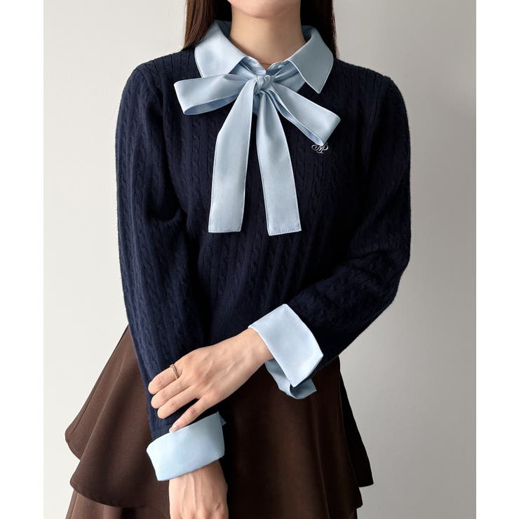 mipiarl  【リボン取り外し可能】シャツドッキングケーブルショートニット | JUNOAH | 詳細画像13 