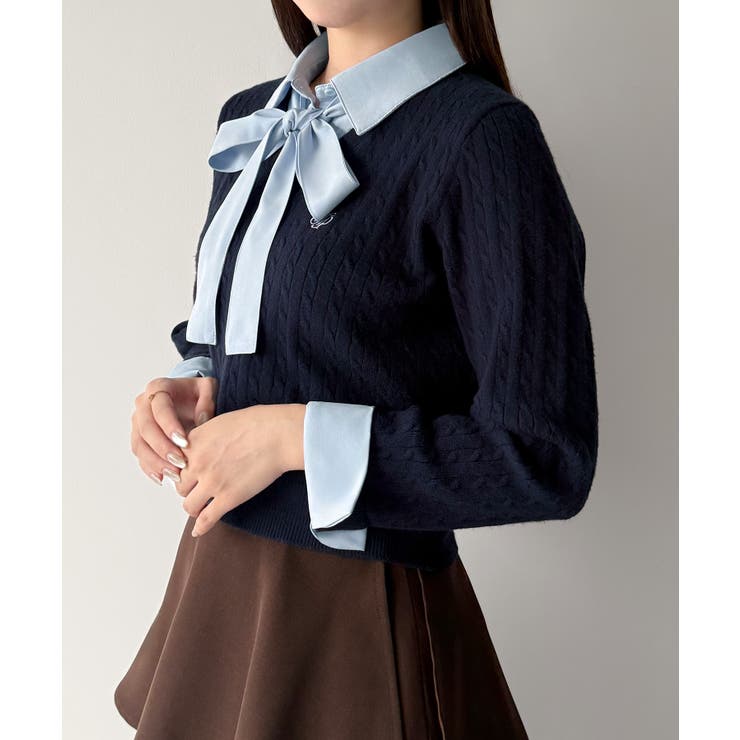 mipiarl  【リボン取り外し可能】シャツドッキングケーブルショートニット | JUNOAH | 詳細画像14 