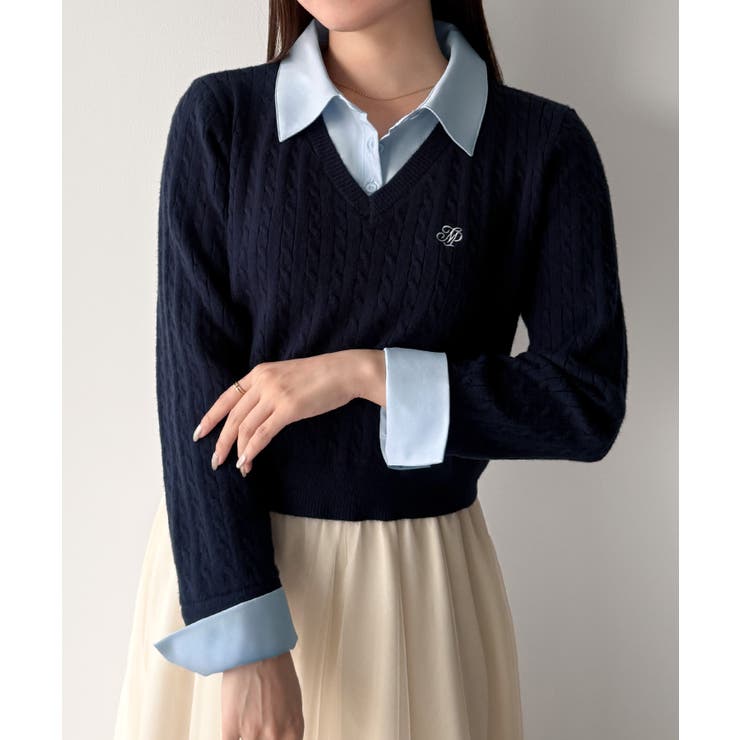 mipiarl  【リボン取り外し可能】シャツドッキングケーブルショートニット | JUNOAH | 詳細画像15 