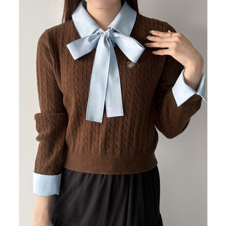 mipiarl  【リボン取り外し可能】シャツドッキングケーブルショートニット | JUNOAH | 詳細画像18 