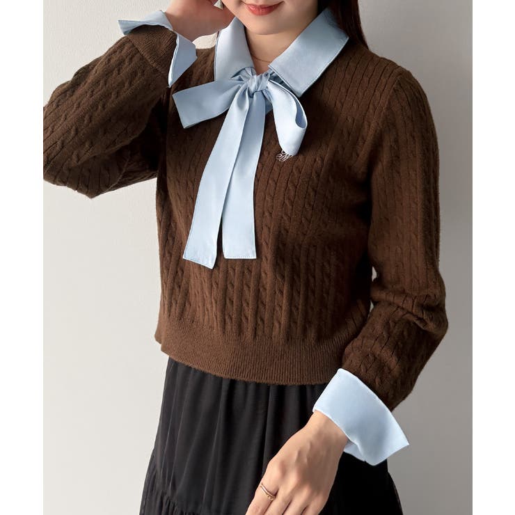 mipiarl  【リボン取り外し可能】シャツドッキングケーブルショートニット | JUNOAH | 詳細画像19 