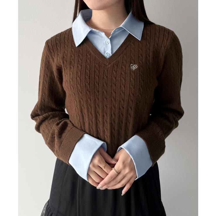 mipiarl  【リボン取り外し可能】シャツドッキングケーブルショートニット | JUNOAH | 詳細画像20 