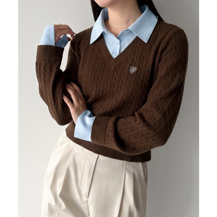 mipiarl  【リボン取り外し可能】シャツドッキングケーブルショートニット | JUNOAH | 詳細画像21 