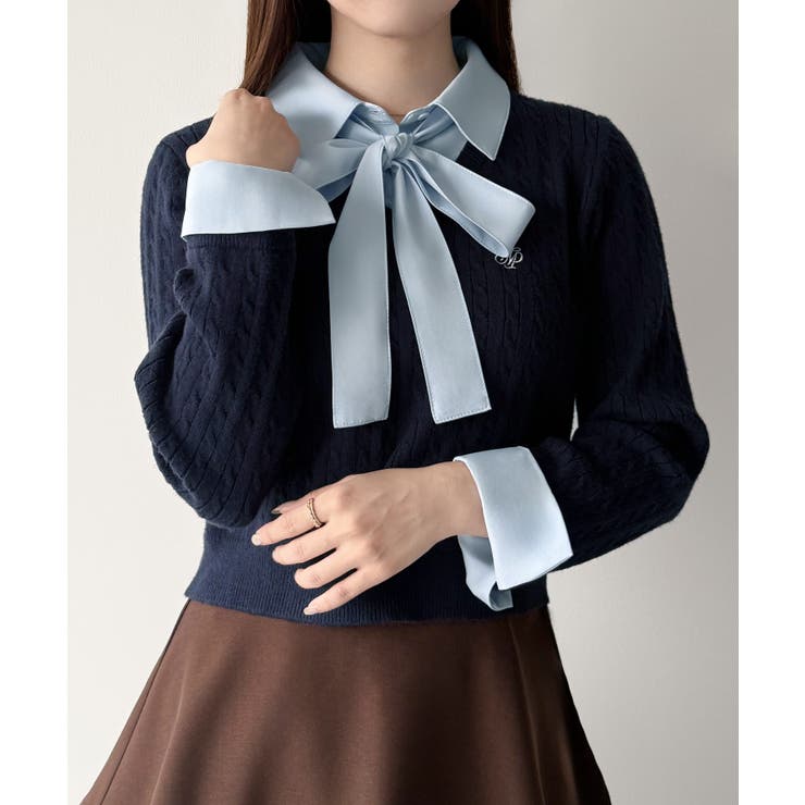 ネイビー | mipiarl  【リボン取り外し可能】シャツドッキングケーブルショートニット | JUNOAH